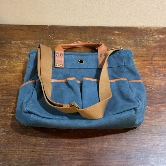 Levenger Unisex Adults Blue and Tan Canvas Leather Tote Bag​​ - Picture 1 of 7